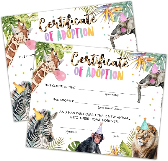 Safari Animals Adoption Certificate - Adopt an Animal Certificate - Animals Adoption Party Decorations - Wild One Party Animals Birthday Party Favors Supplies, 10 Adoption Certificates (CC06)