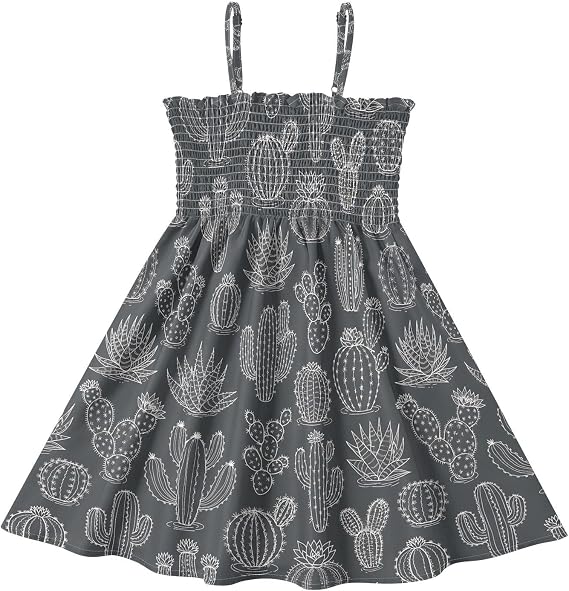 Exnundod Girls' Casual Dress Smocked Spaghetti Strap Dress Cactus Pattern Design Sleeveless Sundress 2-8T