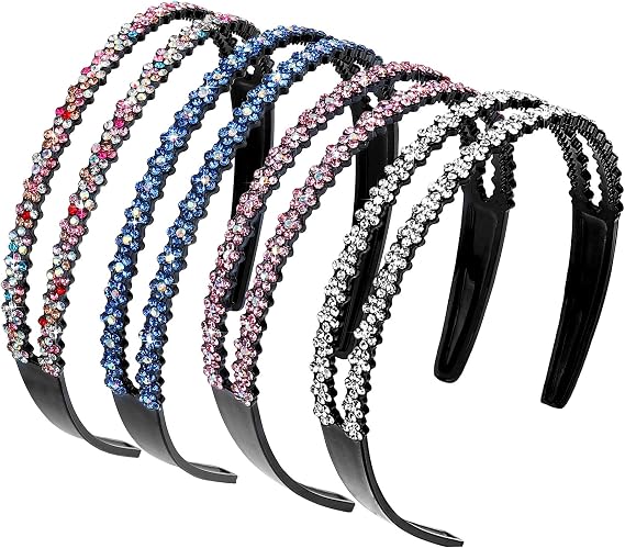 Rhinestone Headbands Double Row Non-slip Hard Hair Hoop Fashion Crystal Teeth Hairband Shiny Hair Bands for Women Girls Lady 4 Pieces (Mixed Colors)