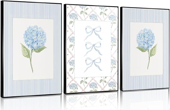 Blue Hydrangea Canvas Wall Art Trendy Watercolor Bow Coquette Paintings Pictures Wall Decor Coastal Preppy Aesthetic Posters Prints for Girly Room Bedroom College Apartment Home Decoration