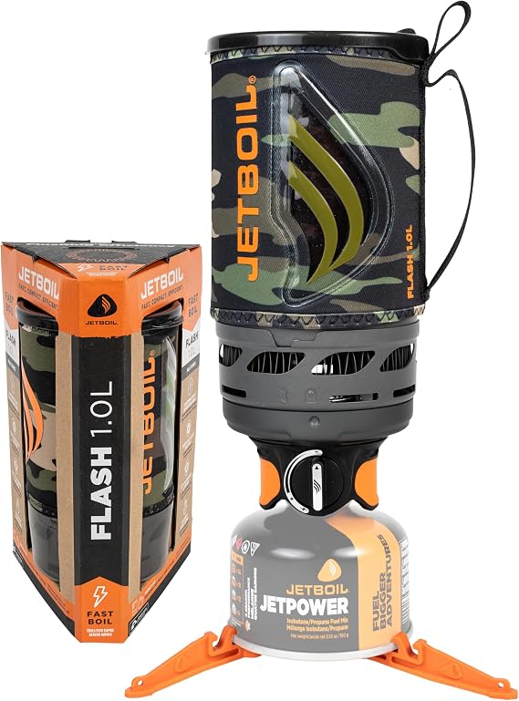 Jetboil Flash Portable Stove 1L Quick Boil Camping Hiking Stove with 1 Step Auto Ignition, Propane/Isobutane Burner with Cooking Cup, Dark Camouflage