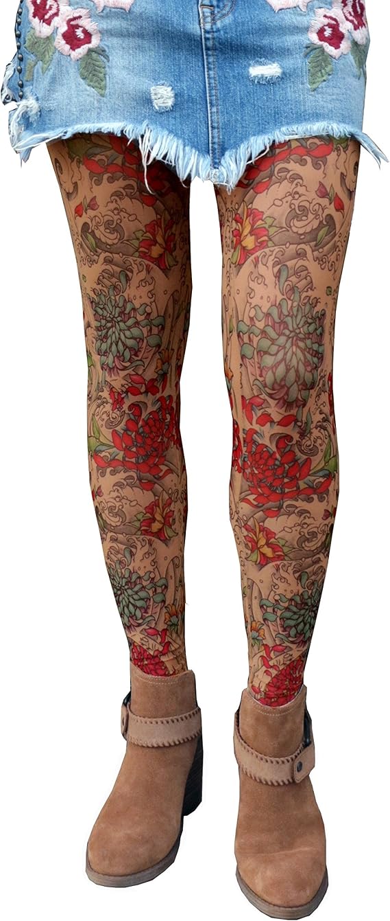 Wild Rose Ladies MUMS Tattoo Mesh Leggings Chrysanthemum Red Flowers, Tan