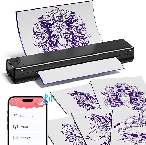 COLORWING M08F Portable Wireless Tattoo Stencil Printer, Thermal Inkless Bluetooth Tattoo Stencil Machine with 10pcs Tattoo Transfer Paper, Ideal for Tattoo Artists & Beginners - Black