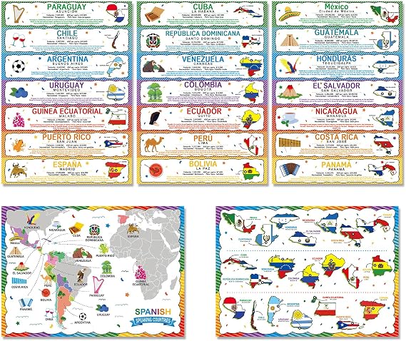gisgfim 18 x 12 in Spanish Speaking Countries (with Map) Posters Set Spanish ESL Classroom Learning Materials Spanish Classroom Decorations Latin American Country Learning Poster Students and Teachers