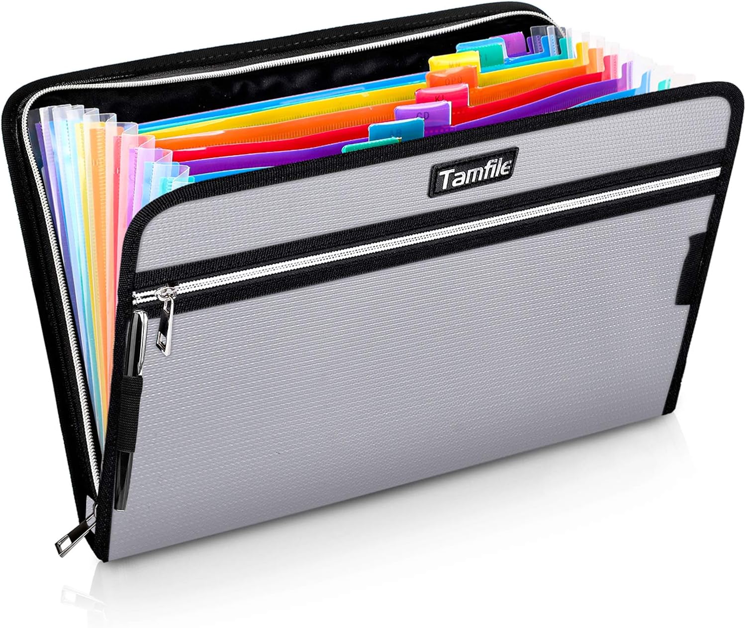Fireproof Safe Waterproof Accordion File Bag Folder Expanding Filing Folder with 14 Multicolored Pockets, A4 Letter Size, Document Organizer Holder and Color Labels 2 Zipper Silver 14.3" x 9.8"