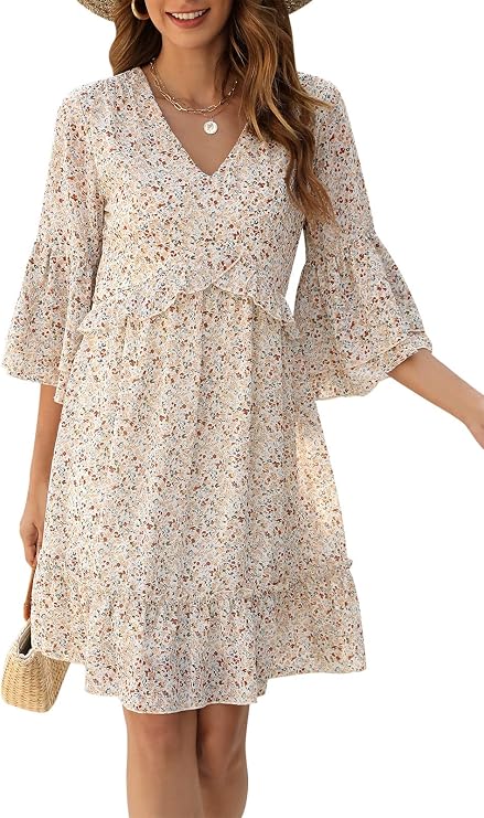 Manydress Womens V Neck Chiffon 3/4 Ruffle Bell Sleeve Dress Casual Flowy Boho Party Dresses MY118 (Beige Print, S)