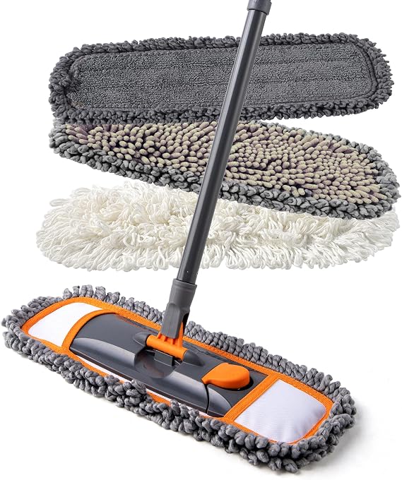 CLEANHOME Mops for Floor Cleaning with 3 Different Washable Pads and Extendable 55 Long Handle, Multifunction Dust Mop for Hardwood,Marble,Tile Floor Mopping,Orange