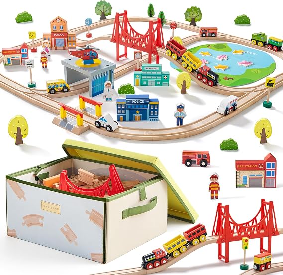 Tiny Land 110pcs Wooden Train Set with Folding Storage Box | Wooden Train Track Toy for Boys & Girls, Age 3-7, Includes Convenient Storage