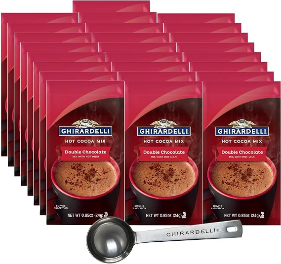 Ghirardelli Double Chocolate Hot Cocoa Mix, Approximately 0.85 oz Packets (Pack of 25) with Cocoa Scoop