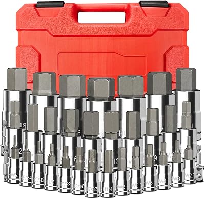 34-Pieces Hex Bit Socket Set, BLACKROBOT 14 38 12 Drive SAE & Metric Size Allen Socket Set with Socket Adapters and Portable Storage Case, S2 Alloy Steel