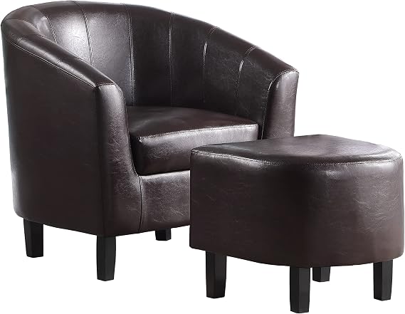 Lemostaar Accent Chair with Ottoman Set : Modern Faux Leather Tub Chair with Foot Rest for Living Room Bedroom, High Arms and Back Comfy Armchair Upholstered Reading Chair for Small Space