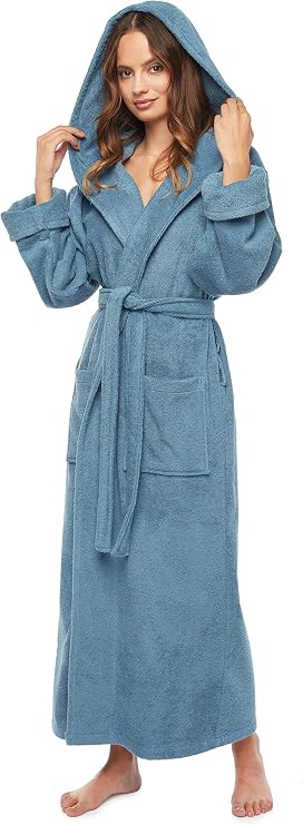 Arus Women's Organic Certified Cotton Hooded Full Length Turkish Bathrobe