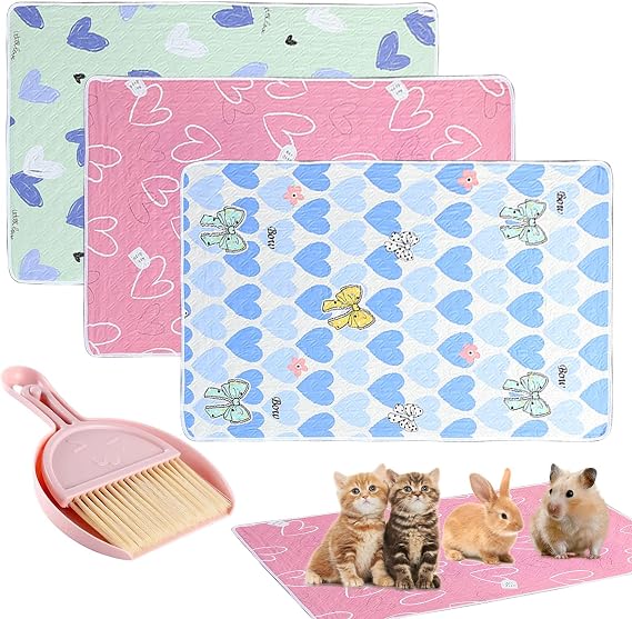 Guinea Pig Cage Liner with Cleaning Tool Set, 3 Pcs Guinea Pig Cage Liner, Fast Water Absorption Pee Pads, Washable Air Dried Pee Mat Suitable for Small Animals Hamsters Cats Rabbits (70*90cm) 