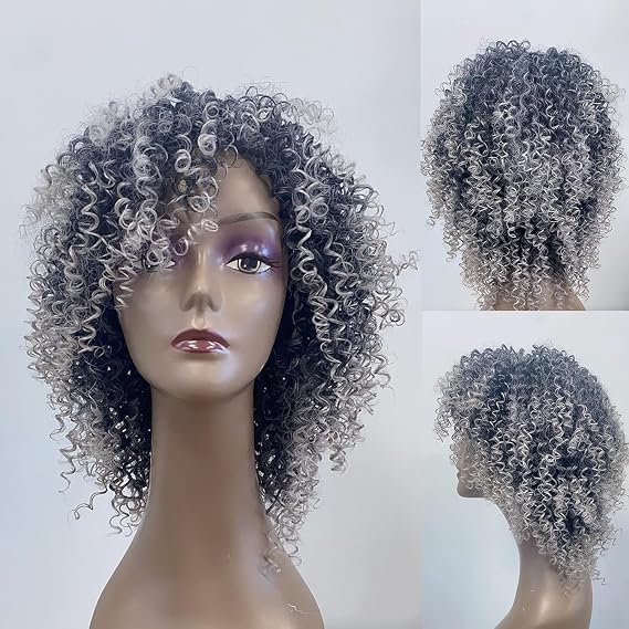 Gray Braided Kinky Curly Synthetic Afro Short Wig for Black Women