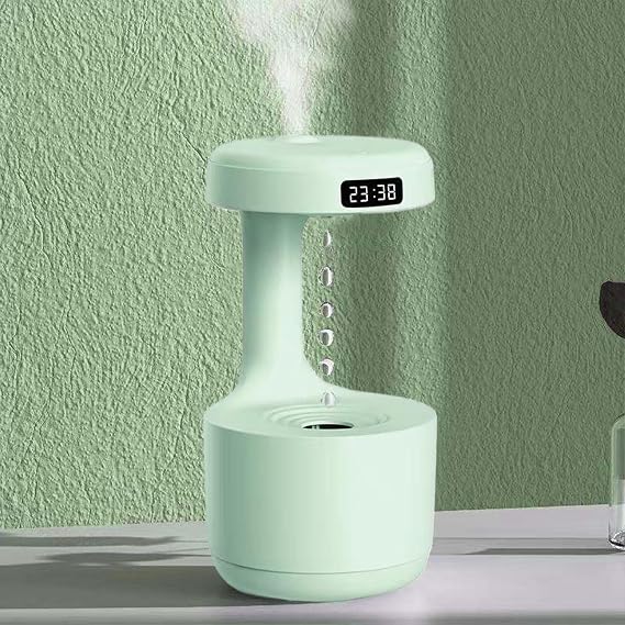 Anti Gravity Water Drop Humidifier: Upgrade Ultrasonic Anti Gravity Humidifier with LED Clock Display, Cool Mist Air Humidifier with Night Light for Home Bedroom Office (Green)