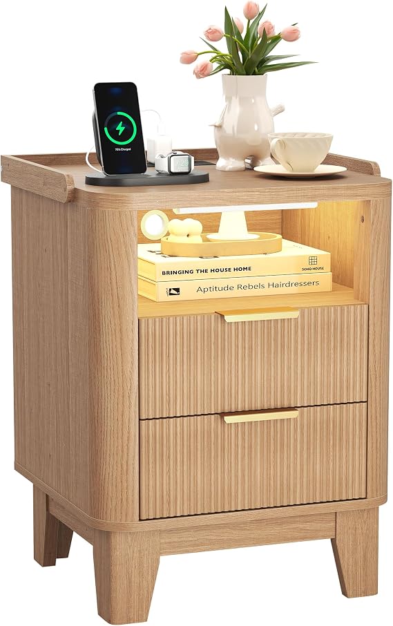 Quikraen 50cm width Bedside Table with Charging Station&Sensor LED Light