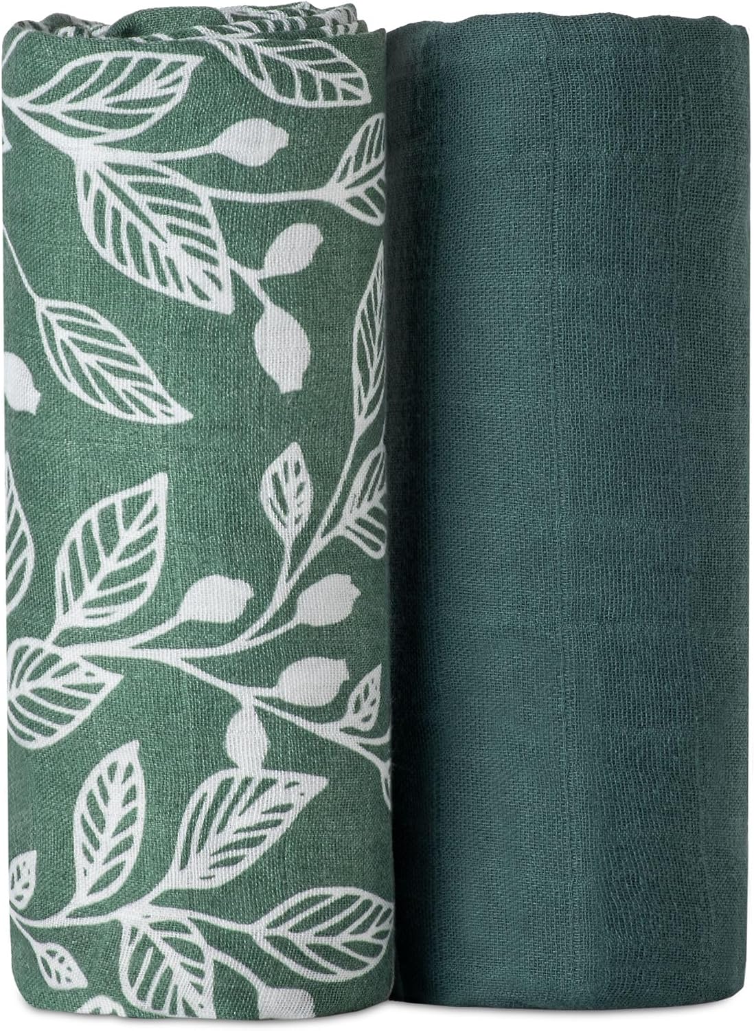 2 Pack Muslin Swaddle Blankets Green, 100% Organic Cotton, Large 47 x 43, Newborn Recieving Blanket,Gender Nuetral Color Patterns, Burping Cloth, Nursing Cover