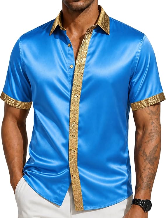 Barry.Wang Mens Shiny Satin Shirt Casual Button Down Short Sleeve Shirts