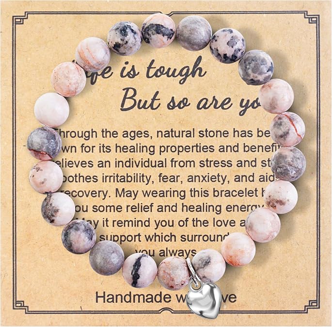 Natural Stone Bracelet for Women Pink Ribbon Awareness Handmade Beaded Encouragement Gift with Message Card