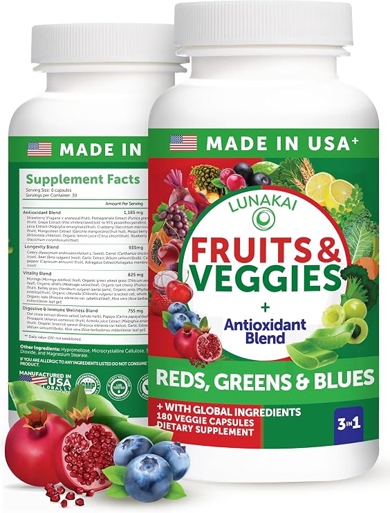 Lunakai USA Made Fruits & Veggies Supplement with 4 Superfood Blends, 180ct