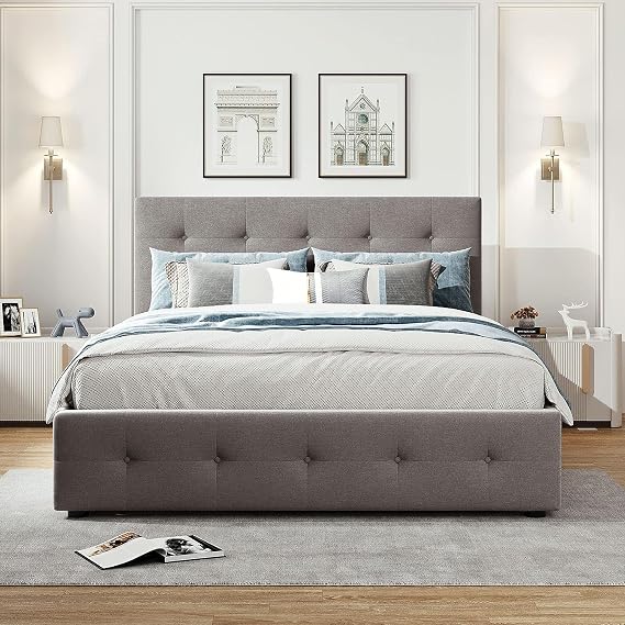 Harper & Bright Designs Bed Frame Queen Size with Button Tufted Upholstered Headboard,Twin XL Trundle and 2 Storage Big Drawers,Space Saving,Light Gray