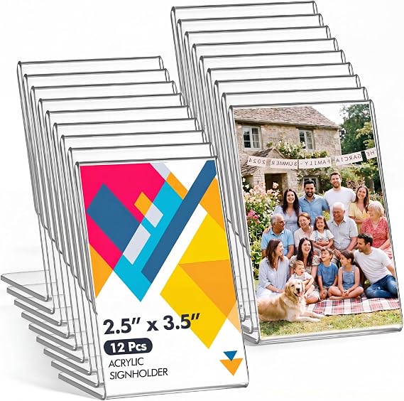 Ctosree 12 Pcs Acrylic Photo Frame L shape Slant Back Desktop Photo Frames Plastic Clear Sign Clear Acrylic Display Stand Table Top Sign for Home Office Wedding Restaurant Menu (2.5 x 3.5 Inch)