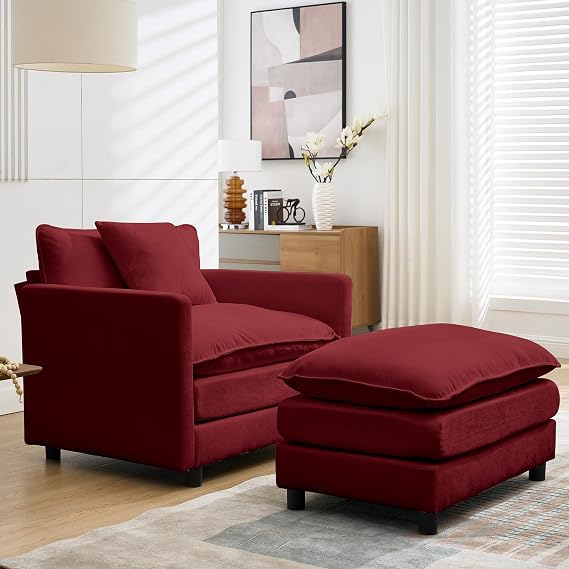 56.3''D Oversized Chaise Lounge Chair Indoor, Comfy Chenille Upholstered Sofa Chair with Ottoman, Deep Seat Single Sofa Couch with 1 Pillow for Living Room(Wine red, 56.3''-Single)