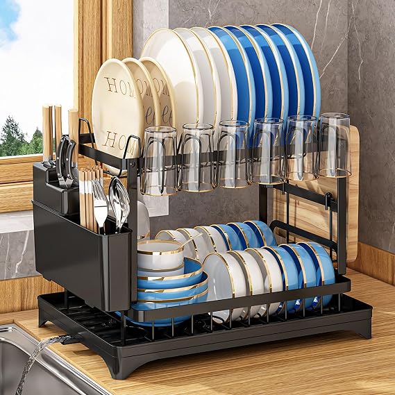 Dish Drying Rack, 2 Tier Dish Drying Rack Multifunctional Dish Rack, Rustproof Kitchen Dish Drying Rack with Drainboard, Utensil Holder, Cup Holder for Dishes for Kitchen Counter Black