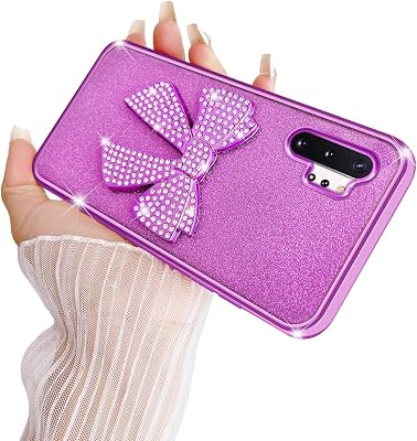for Samsung Note 10 Plus Case for Women Glitter Stylish Soft Clear TPU Luxury Cute 3D Bowknot Crystal Sparkly Shiny Protective Cover with Strap for Note 10 Plus Bowknot Purple