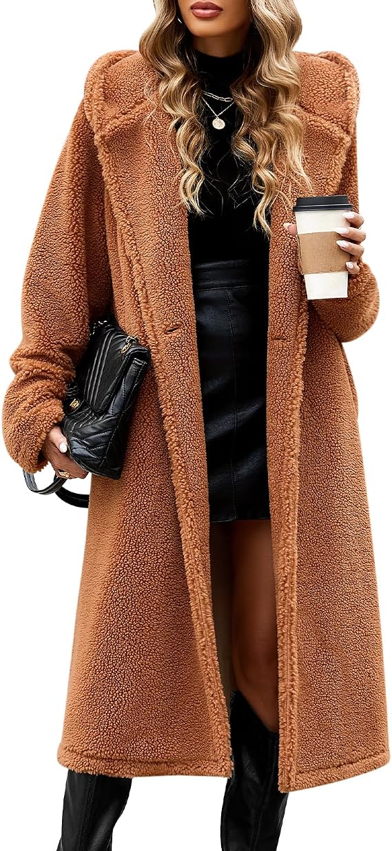 HEEKPEK Women Winter Fuzzy Fleece Lapel Coats Long Cardigan Fluffy Hooded Jackets Faux Fur Warm Overcoats with Pockets Button
