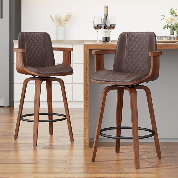 YaFiti Bar Stools Set of 2, 26" Bentwood Counter Stools with Arms, Brown