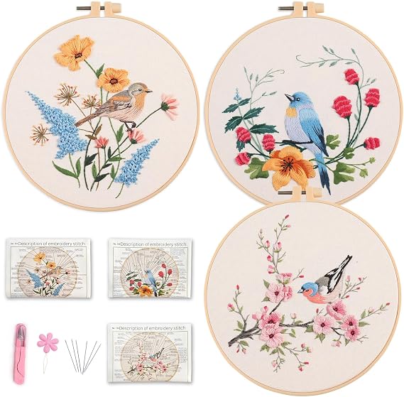 Myfelicity Embroidery Kit for Adults & Beginners - 3-Piece Beige Fabric with Pre-Printed Bird & Flower Patterns, Threads, Needles, 3 Hoops, Instructions - DIY Handicraft Gift Set