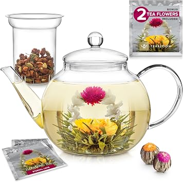 Teabloom Stovetop & Microwave Safe Glass Teapot with Removable Loose Tea Glass Infuser Includes 2 Blooming Teas 2-in-1 Tea Kettle and Tea Maker Tea Purist's Choice