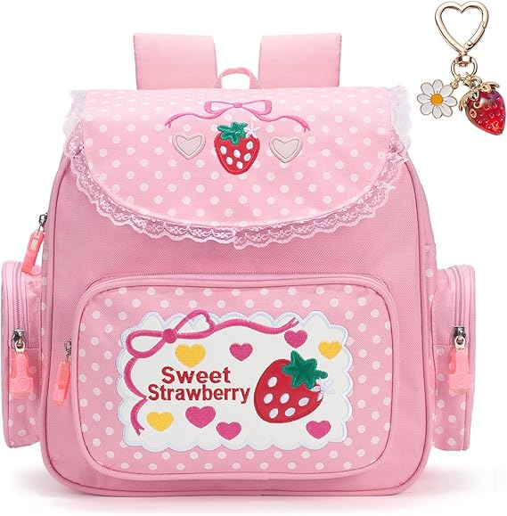 Cutecore Strawberry Backpack - Pink Backpack for Girls - Kawaii Lace JK Polka Dot Embroidery Bag for Teens