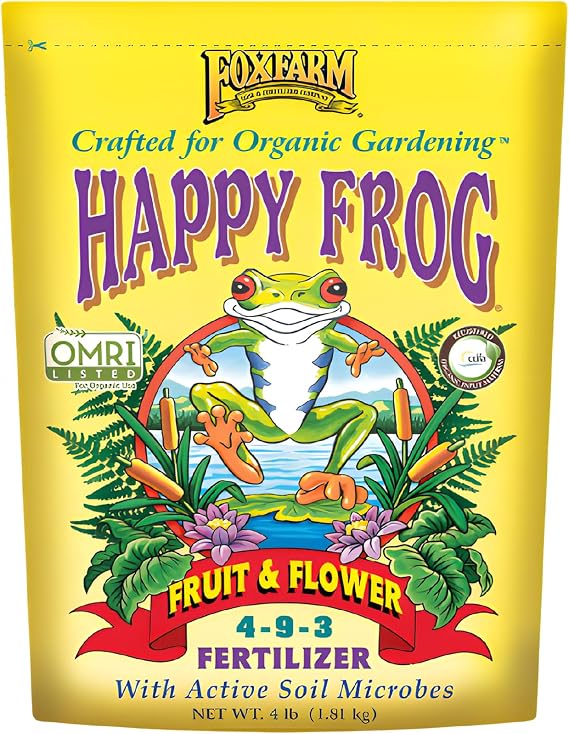 FoxFarm Happy Frog Fruit & Flower Fertilizer - Supports Abundant Fruit & Flowering - Nitrogen for Sustained Growth - Mycorrhizal Fungi - OMRI Listed - 4 lb