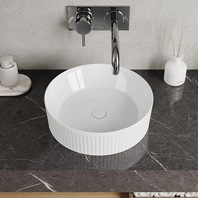 DeerValley 16x16 Inch Round Ceramic Vessel Sink with Wavy Texture, White Above-Counter Bathroom Vanity Sink, Model DV-1V0320