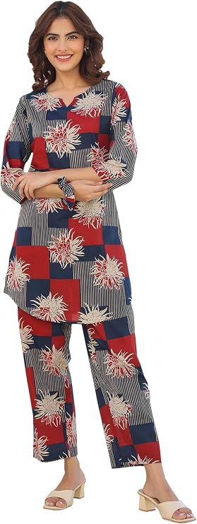 Janasya Indian Women's Cotton Blue Floral Print Casual Wear Co-ord Set for Women