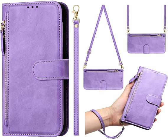 XYX Wallet Case for Xiaomi Redmi 12C/Redmi 11A with 4 Card Holder, Pu Leather Flip Folio, Zipper Pocket, 2 Photo Slots, Shockproof, Kickstand, Crossbody Strap, Purple