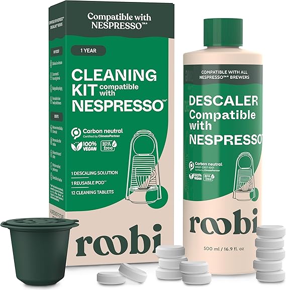 Roobi Descaling and Cleaning Kit Compatible with Nespresso Original Line. Includes 1 Bottle of Descaling Solution, 12 Cleaning Tablets and 1 Reusable Pod. Carbon Neutral. 1 Year Supply. | 500ml Bottle of Descaling Solution, 12 Cleaning Tablets, 1 Reusable Pod, Carbon Neutral, 1 Year Supply