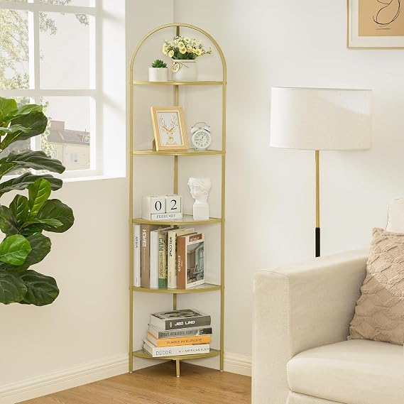 Homhedy 5-Tier Gold Corner Shelf Stand Metal Corner Bookcase