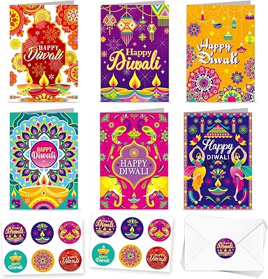 HOWAF 12 Sets Happy Diwali Cards, Diwali Greeting Cards with Envelopes Festival of Lights Cards Stickers Diwali Diyas Greeting Cards for Diwali Deepavali Gifts Favor Happy Diwali Decorations