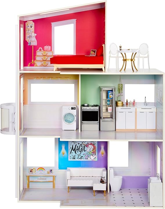 Rainbow High Townhouse 3-Story Wood Dollhouse Playset with 5 Colorful Rooms & Rooftop Patio. Fully Furnished Fashion Home, Working Elevator and Play Accessories, Toy Gift for Kids Ages 4-12