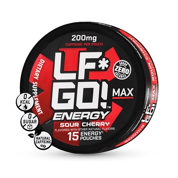 LF*GO! Energy Pouches | Caffeine Pouches | 6 Essential Vitamins and Minerals | 200 mg Natural Caffeine | 0 Calories | 0 Sugar | 15 Pouches Per Can | (1 Pack - Sour Cherry)