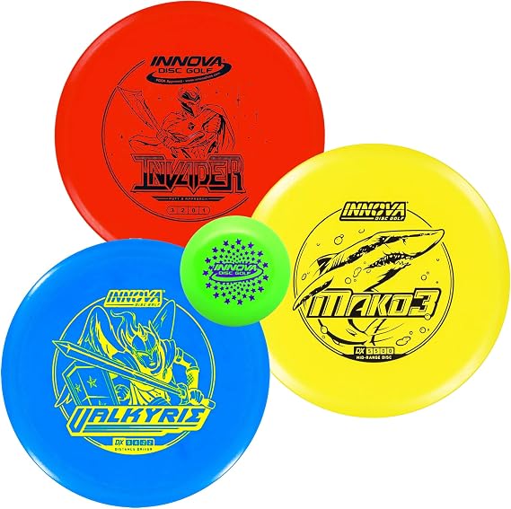 Innova Disc Golf Set 3 Pack Disc Golf Starter Set for Beginners with Disc Golf Driver, Mid-Range, Disc Golf Putter DX Valkyrie, DX Invader, DX Mako3 and Mini