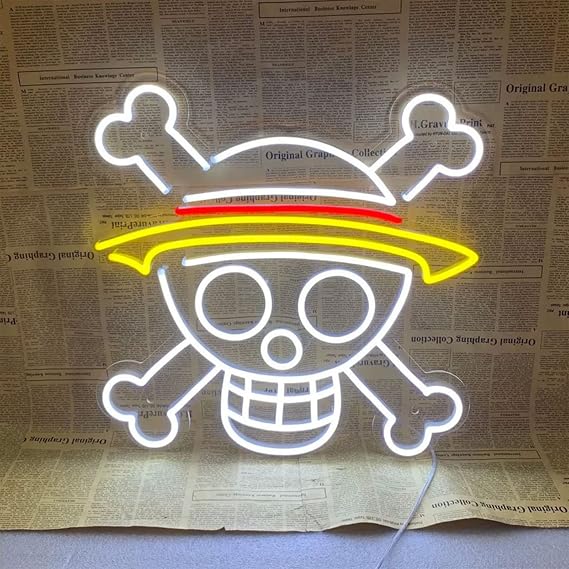 One Piece Anime Neon Signs Japanese Anime Luffy Skull Head Flexible Night Light Sign Indoor Home Kids Teen Bedroom Wall Art Decor for Bar Club Party Halloween Gifts