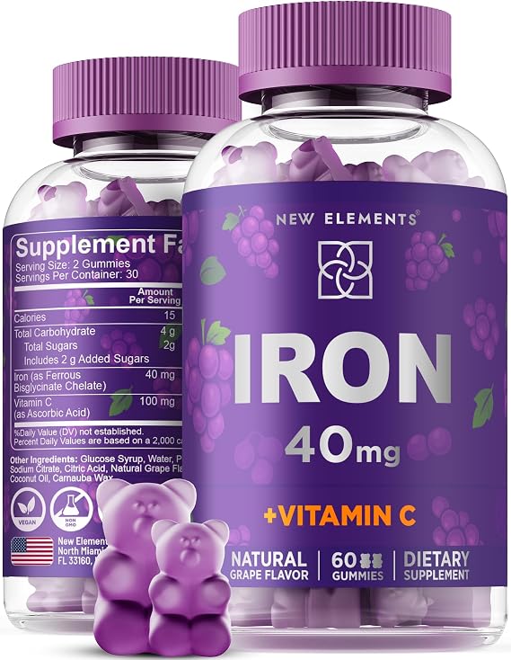 New Elements Iron Gummies 40mg with Vitamin C 100mg Best Iron Supplement for Women, Men & Adults Free Blood Builder for Anemia Immune Support & Energy Booster | Fruit Pectin | Vegan | Non-GMO