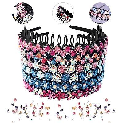 6 Pack Wave Rhinestone Teeth Comb Headbands for Women, Flower Crystal Hairband Hair Hoop with Teeth Non-Slip Hard Plastic 3 Pattern Shiny 6 Colors