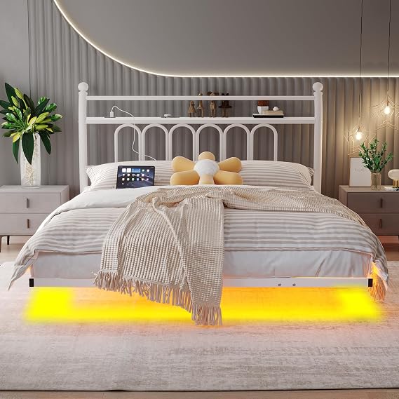 Double Floating Metal Bed Frame, White, 135 x 190 cm