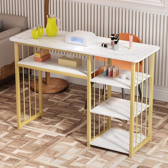 Manicure Table Nail Station,Nail Salon Table For Nails Tech Desk With Multi Open Shelves Anti-Slip Feet Mats Steel Legs For Beauty Salon Spa White