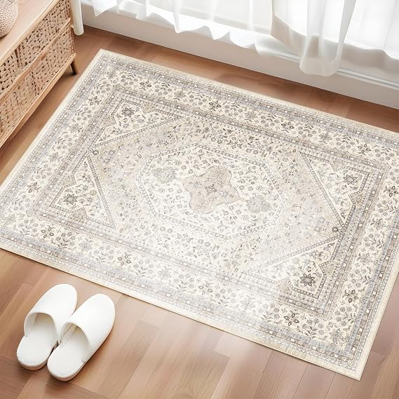 2x3 Washable Entryway Area Rug - Non-Slip Boho Throw Rugs Beige Gray | Low Pile Thin Small Carpet for Bedside Soft Pet-Friendly Indoor Door Mat for Kitchen Bedroom Bathroom Home Decor